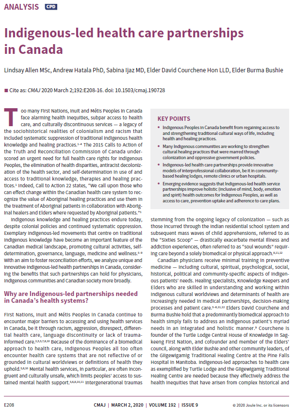 Front page of the article Indigenous-lead health care partnerships in Canada